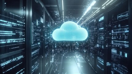 Cloud computing hologram with data transfer lines connecting various synced devices