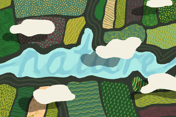 Abstract agrarian modern illustration of sown fields with different patterns, inscription nature in the form of a lake in the center, with clouds above them. Nature restoration concept