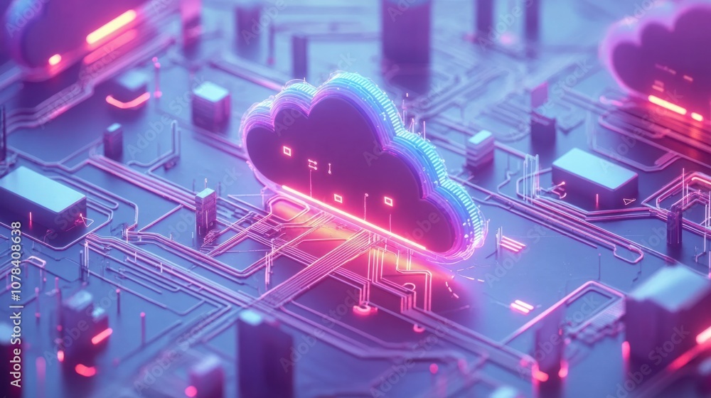 Poster cloud computing symbol in hologram style, connecting synced devices with data-sharing arrows