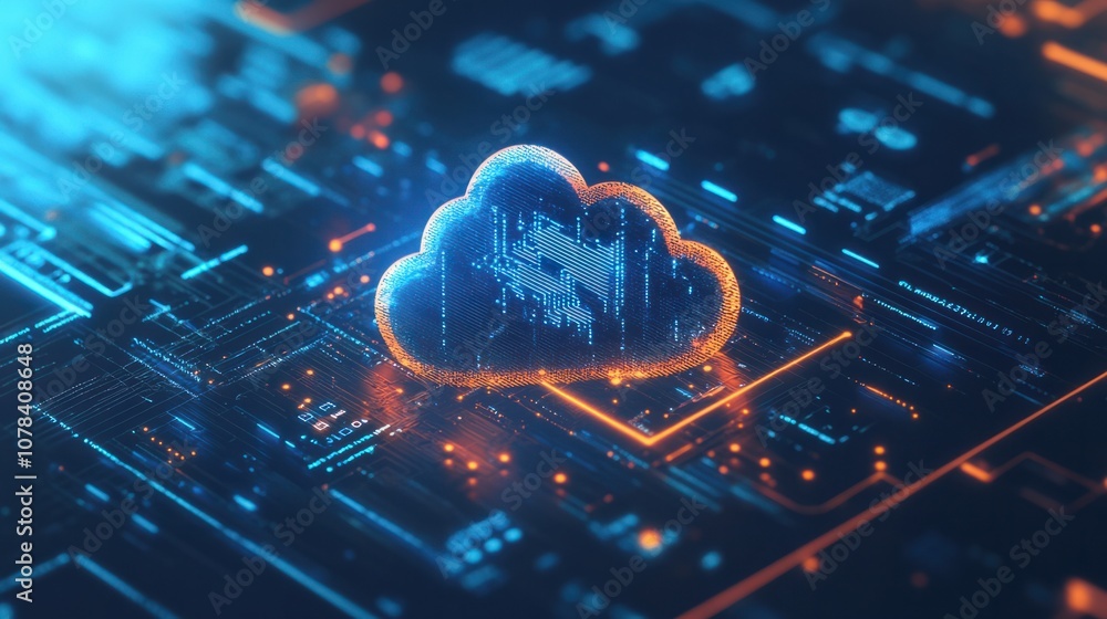 Poster cloud computing symbol in hologram style, connecting synced devices with data-sharing arrows