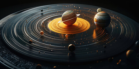Record vinyl top view, with solar system all planets spinning symmetrically on it inside the vinyl, dark background.