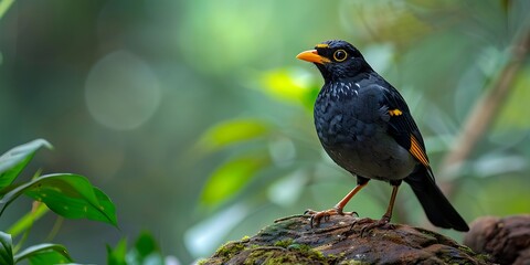 closeup of a black bird standing on a rock in the rainforest