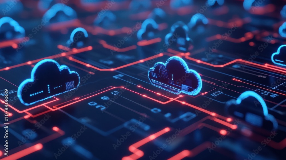 Poster cloud computing symbol in hologram style, connecting synced devices with data-sharing arrows