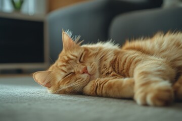 A ginger cat rests on the living room floor while an orange Persian cat relaxes nearby Close up with soft focus and ample empty space