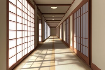 A hallway of tatami mats and sliding paper doors known as Shoji