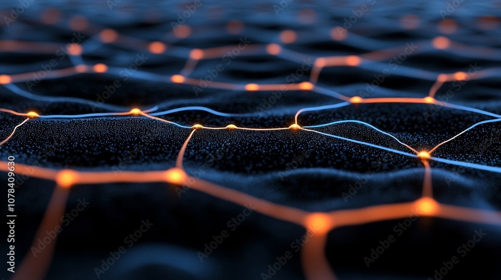Poster blockchain network visualization with glowing nodes and lines in vivid blue and orange on a black ba