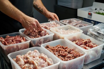 Obraz premium A man organizes different raw meats bones and organs for freezing BARF diet for pets Animal food packaging