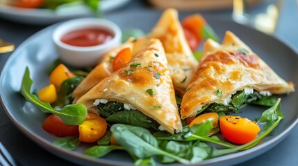 Two slices of spinach and feta quiche on a plate with a side salad.