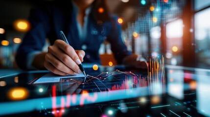 Scientist writes complex equations in vibrant scientific environment