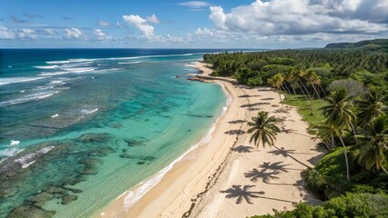 Obraz premium Aerial View of a Stunning Tropical Sandy Beach with Crystal Clear Turquoise Waters Ideal for Relaxation and Vacation Imagery