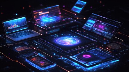 Obraz premium Cloud service hologram syncing multiple devices: laptop, tablet, phone, and desktop in digital space