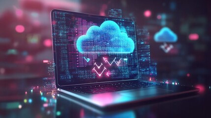 Cloud service hologram with arrows connecting laptop, tablet, and smartphone, isolated on white