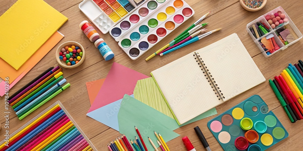 Aufkleber aerial view of a vibrant array of art supplies showcasing a rainbow of colors for creative expressio