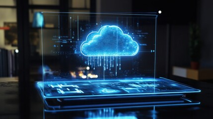 Obraz premium Cloud service hologram with arrows connecting synced gadgets, showing cloud-based data access