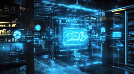 Cloud service hologram with arrows connecting synced gadgets, showing cloud-based data access