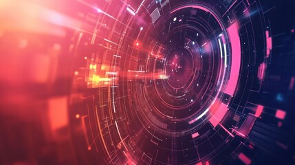 Obraz premium Abstract futuristic technology background with glowing circles, lines, and squares in red, pink, and blue colors.