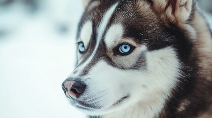 Obraz premium A husky dog with blue eyes looks up at something in the distance.
