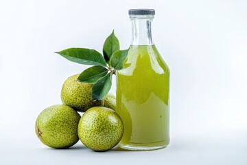 Bael juice is presented in an attractive clear bottle with the fruit set against a white backdrop