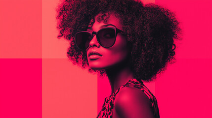 A woman in shades of bright neon pink, styled in a fashion retro funk style, captured in a vibrant and bold presentation slide design, perfect for modern, trendy projects
