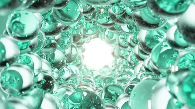 Turquoise cosmetic serum with liquid bubbles in a 3D abstract background. Hydrating essence gel enriched with collagen molecules. Moisturizing cream or oil for advanced skincare, beauty.
