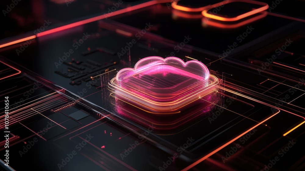 Poster cloud service icon in hologram, syncing multiple devices with lines of digital connectivity