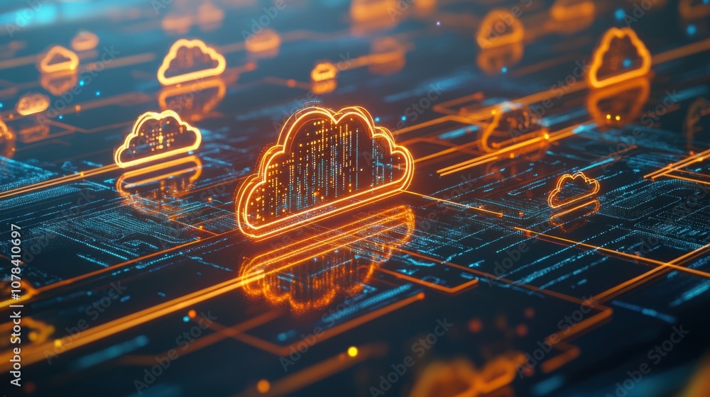 Poster cloud service icon in hologram, syncing multiple devices with lines of digital connectivity