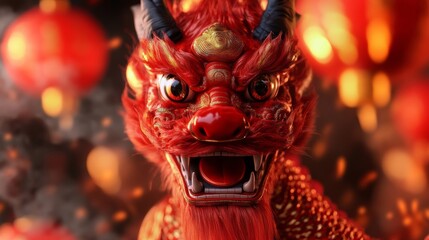 Energetic dragon dancer in ornate red and gold costume surrounded by swirling smoke and glowing lanterns 