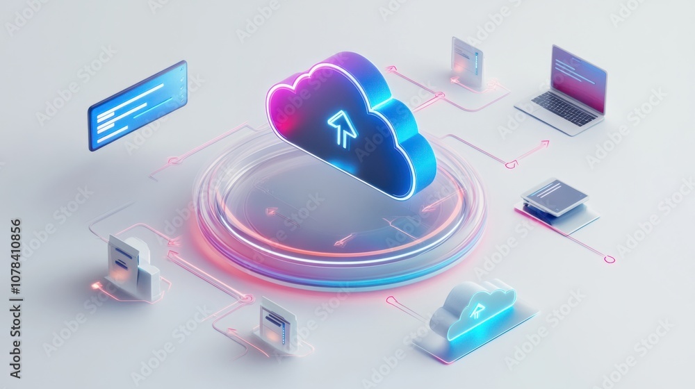 Poster cloud storage hologram with arrows pointing towards devices in sync, isolated on white background