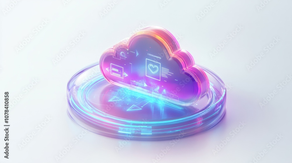 Poster cloud storage hologram with arrows pointing towards devices in sync, isolated on white background