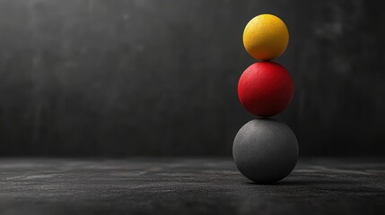 Bold red and yellow happinessthemed objects against a dark background for International Day of Happiness, high contrast, dynamic energy, surreal, multilayer, matte black backdrop