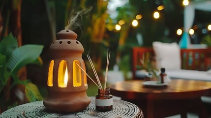 A lit clay lantern with diffuser and string lights on a patio table at dusk.