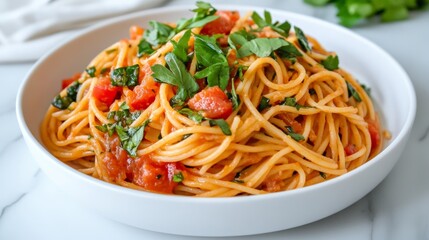 Spaghetti alla Puttanesca plated; use black, white, red color palette 