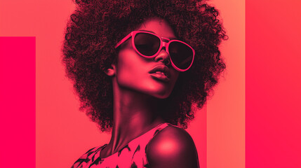 A woman in shades of bright neon pink, styled in a fashion retro funk style, captured in a vibrant and bold presentation slide design, perfect for modern, trendy projects