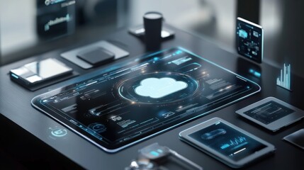 Fototapeta premium Futuristic cloud service hologram with multiple synced devices, showing digital connectivity