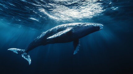 Naklejka premium A humpback whale swims through the blue ocean as sunlight beams through the water.