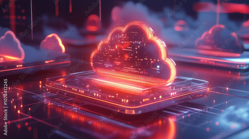 Poster futuristic cloud sync icon with holographic effect, showing real-time data sharing across devices