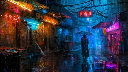 A lone figure walks down a neon-lit, rain-soaked street in a cyberpunk city.