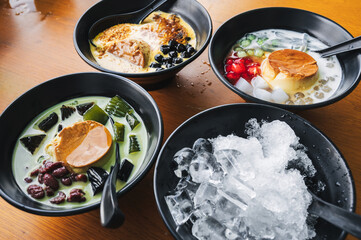 che thai dessert with many colorful pieces of jelly. concept of asian street food, top view