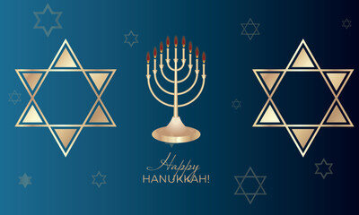 Happy Hanukkah. Candle holder with candles and star of David. Realistic vector