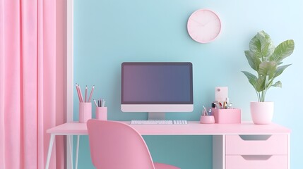 A pastel blue and pink office desk with a computer, keyboard, mouse, paperclip pot plants, and stationery on the table