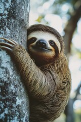 Naklejka premium A slow sloth climbing a tree with a smile, suggesting curiosity and ease.