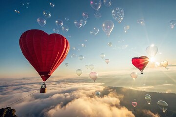 Obraz premium Aerial View of Heart Shaped Balloons Surrounded by Soft Sunlight Flare and Dreamy Bokeh Effect Against a Clear Sky, Perfect for Celebrating Love and Joyful Moments