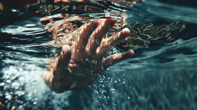 A person swimming underwater with their hands just above the surface. This image captures a moment of fitness and enjoyment of aquatic sports.