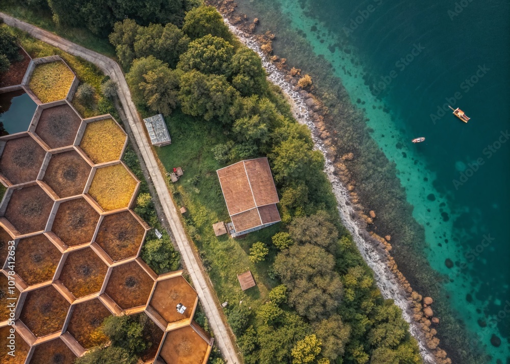Poster aerial view of honeycomb structures showcasing hexagonal patterns and vibrant colors, ideal for app 