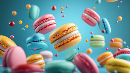 Playful Elegance Assorted Macarons Floating in a High-Resolution Display