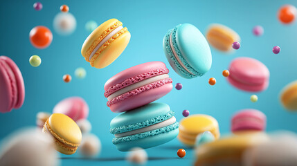 Fototapeta premium Colorful Bliss Macarons and Candy-Like Spheres in a Dynamic Scene