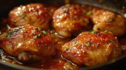 Plate of chicken is covered in a sauce and garnished with parsley. The chicken is cooked and looks delicious
