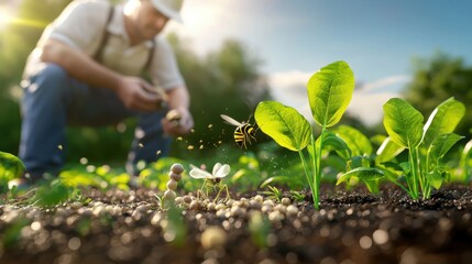 Farmer examines pesticide resistance in agriculture while monitoring bees and plants