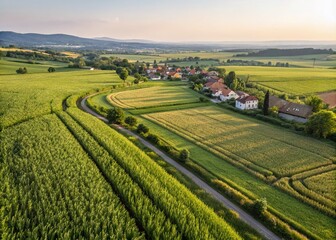Obraz premium Aerial View of Lush Green Agricultural Fields with Growing Crops and Distant Village Houses in a Picturesque Landscape, Perfect for Nature and Farming Themes
