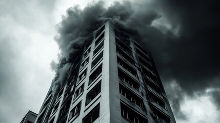 Fototapeta premium Dramatic: Urban apartment building ablaze, smoke billows; monochrome palette recommended 
